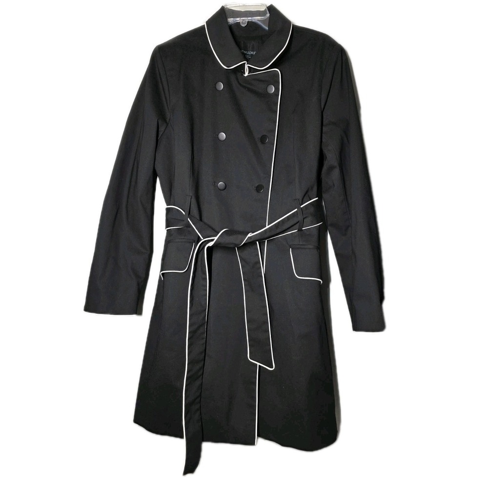 Cynthia Rowley Trench Coat Womens XL Black Belted Double‎ Breasted Polka Lined